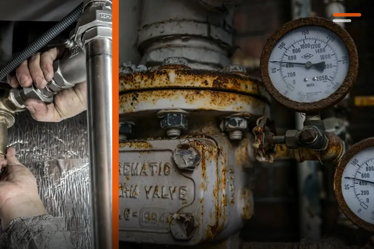 Boiler pressure gauges, valves, and piping used for leak and pressure diagnosis
